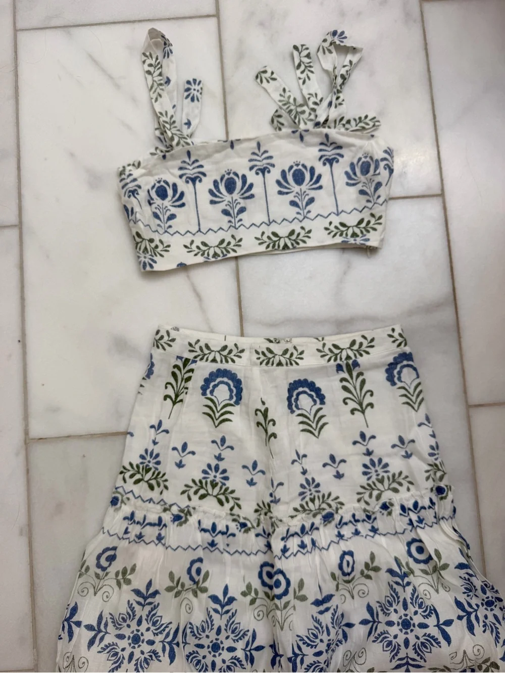 SAYLOR White Two-Piece Floral Print Skirt Set in Blue and Green